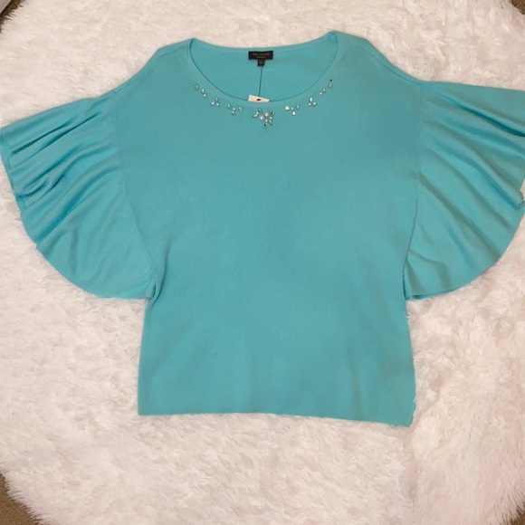 The Limited Aruba Blue Flutter Sleeve Sweater Size Large - Picture 2 of 7